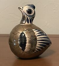 Vintage Clay Ceramic Brass Mexican Pottery Quail Feathers Blue bird picture