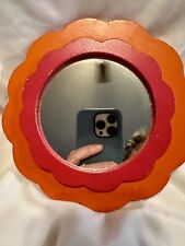 Vintage 70s Style Orange & Red Daisy Wood Framed Mirror. Retro 6” Wall Hanging picture