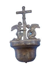 Antique Stoup Wall Bronze Patiné-christ With Anges-Xx Ème-french Religious picture