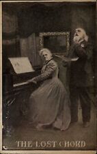 Comic the lost chord piano lady man rubbing throat ~ c1910 vintage postcard picture