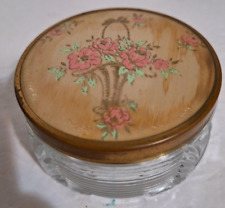 Vintage Vanity Footed Art Deco Ribbed  Glass Powder Jar  with Floral Metal Top picture