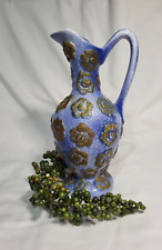 Ceramic1940's-1950's Italian Wine Ewer, Blue and Gold Embossed Flowers picture