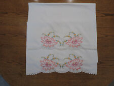 Vintage Embroidered Cotton Pillowcases Set of 2 Coral Water Lilies picture