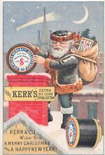 TRADE CARD ~ KERR’S SPOOL COTTON ~ GREEN SUIT SANTA AT CHIMNEY, BAG OF TOYS 1880 picture