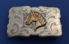 Vintage Small Frontier USA Sterling Silver Hand Engraved Horse Head Belt Buckle picture