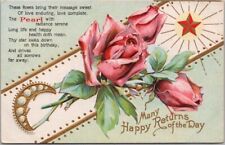 Vintage 1910s JUNE BIRTHDAY Embossed Postcard PEARL Stone / ROSE Flower / Unused picture