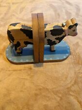 vtg pair wooden cows painted black and tan hanging bell book ends picture