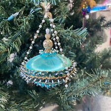 Vintage Christmas Ornament Beaded Sequins Satin Push Pin Blue picture