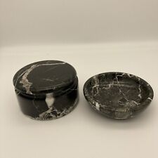 Black & White Marble Round Box Separate Lid & Open Trinket Dish Pakistan picture
