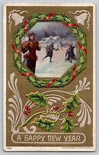 Happy New Year Ice Skating Julius Bien Pretty Lady Vtg 1911 Antique Postcard 590 picture