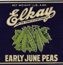 Elkay Early June Peas Vintage Heavily Embossed Can Label L. Klein Chicago, Il. picture