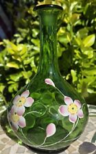 Antique Green Glass Cherry Blosspm Hand-painted Design Fluted Vase Rare  picture