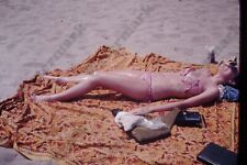1975 beach scene candid busty woman in bikini sunbathing Orig 35mm SLIDE Av19 picture