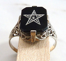 Antique Filigree 14k White Gold Black Onyx Eastern Star Ring SZ 5.25 Masonic picture