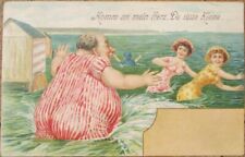 Risque 1900 Postcard, Fat Man Chasing Bathing Beauty in the Water, Color Litho picture