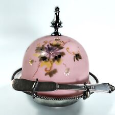 Victorian Hand Painted Butter Dish Quad. Silver Plate & Purple Pink Satin Glass picture