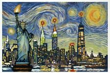 New York NY Skyline as Van Gogh Starry Night, Statue of Liberty etc. -- Postcard picture