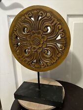 Antique Wooden Round Floral Carving Panel Plaque on Stand Original Hand Carved picture