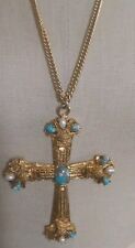 Vintage Brass Bronze Cross Necklace | Faux Turquoise Chain 28