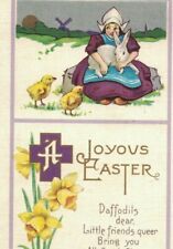 A JOYOUS EASTER VTG PC DUTCH GIRL FAT WHITE RABBIT BABY CHICKS DAFFODILS 1916 picture