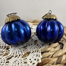 Set of 2 *VINTAGE* Ribbed Kugel Mercury Cobalt Blue Glass 4” Christmas Ornament picture