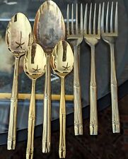 Lot OXFORD HALL Stainless Gold Tone Japan Bamboo Flatware Set Mid Century Servin picture