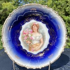 Antique Royal Bavarian Porcelain Cobalt Blue Bowl With Lovely Maiden in Center picture