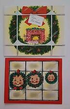 2 UNUSED Vtg Norcross ANTHROPOMORPHIC Wreaths & FIREPLACE CHRISTMAS CARDS picture