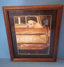 Wooden Framed Print of Yellow Labrador Retriever in Back of Chevrolet Pickup picture