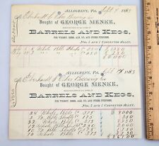 Vintage Receipts 1890 George Menke Beer & Whiskey Barrels and Kegs Allegheny PA picture