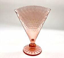 Vtg Rare Pink Depression Glass Fan Vase Diamond Optic Pattern Swirl Ball Base picture