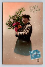 RPPC Young French Boy Joyous Christmas Bouquet Hand Colored Real Photo Postcard picture
