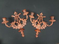 Ornate Double Candle Wall Sconce Red Hued Cast Iron Harp Laurel Design SET OF 2 picture