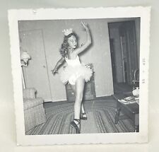 Vtg 1950s Snapshot Photo Girl Ballerina Tutu Crown Pointe Pose in Living Room picture