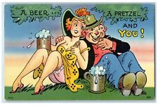 c1930's Couple Drinking Alcohol A Beer A Pretzel And You Vintage Postcard picture