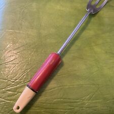 Vintage A&J Ecko Curved Meat Carving Serving Fork Red White Handle Stainless USA picture