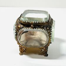 Antique 2.5” French Gilded Metal Beveled Glass tufted fabric Jewelry Casket Box picture