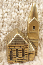 Vintage Solid Brass 2 Inch Tall Minature Mini Church Building With Steeple picture