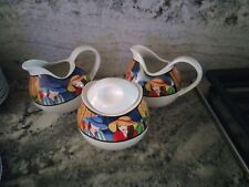 Vtg Sango Decorative Colorful Cafe Paris Oval Covered Sugar Bowl And 2 Creamers picture
