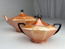 Art Deco Style Teapot + Sugar Bowl Orange Luster Black Trim Czecho-Slovakia RARE picture