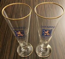 2 Lowenbrau Muenchen RARE 8.5”  Footed Pilsner Beer Glass Golden Rim & Bottom picture