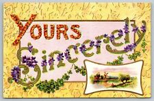 Vintage Victorian Flowers~Lg Letter Yours Sincerely~Windmill Inset~Emb~c1910 PC picture
