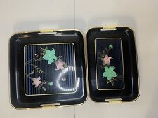 Vintage Japanese Lacquer 2 Piece Nesting Serving Tray Set Flowers Red MCM READ picture