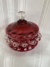 Vintage Hand Blown cranberry glass powder pot w/ lid & clear glass detail. picture