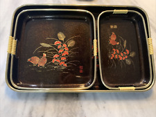 Vtg Toyo Japanese Lacquerware Enamel Serving Nesting Tray Set Red Birds Set of 3 picture