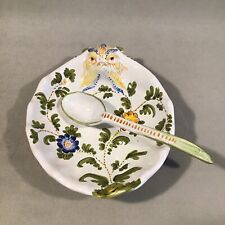 PV07092 Vintage Cantagalli Italy HP BLUE ORANGE FLORAL & FACE Dish with Spoon picture