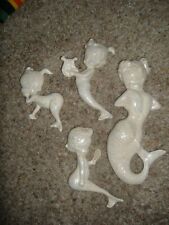 4 VTG CERAMIC MOTHER OF PEARL SEA MERMAID WALL PLAQUES MOM & BABIES picture