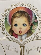 NOS Beautiful Blue Eyes Victorian Girl “Greetings” Vtg Christmas  Card UNUSED picture