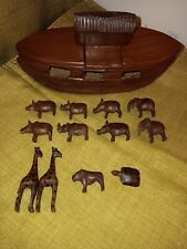 Hand Carved Wooden Noahs Ark With 12 Animals picture