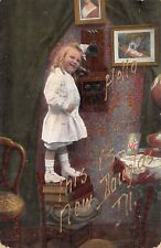 New Douglas Illinois~Victorian Little Girl on Vintage Wall Telephone~Parlor~1910 picture